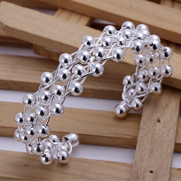 Silver Plated Smooth Bead Cuff Bracelet - Picture 6 of 7